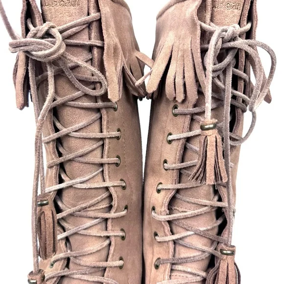 LL Bean tall suede tan moccasin boots shearling lined lace up w fringe. Sz 7.5 - Picture 9 of 14